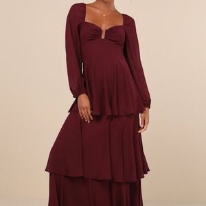 Lulus Tier To Enchant Burgundy Long Sleeve Tiered Maxi Dress - Size S